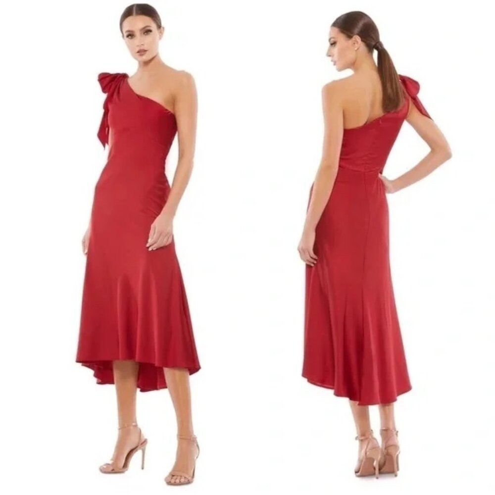 NWT | Mac Duggal 55387 Satin One Shoulder Midi Dress in Deep Red Size 0